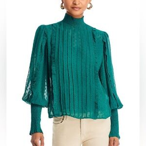 Farm Rio Emerald Green Long Sleeve Mock Neck Ruffled Clip Dot Blouse